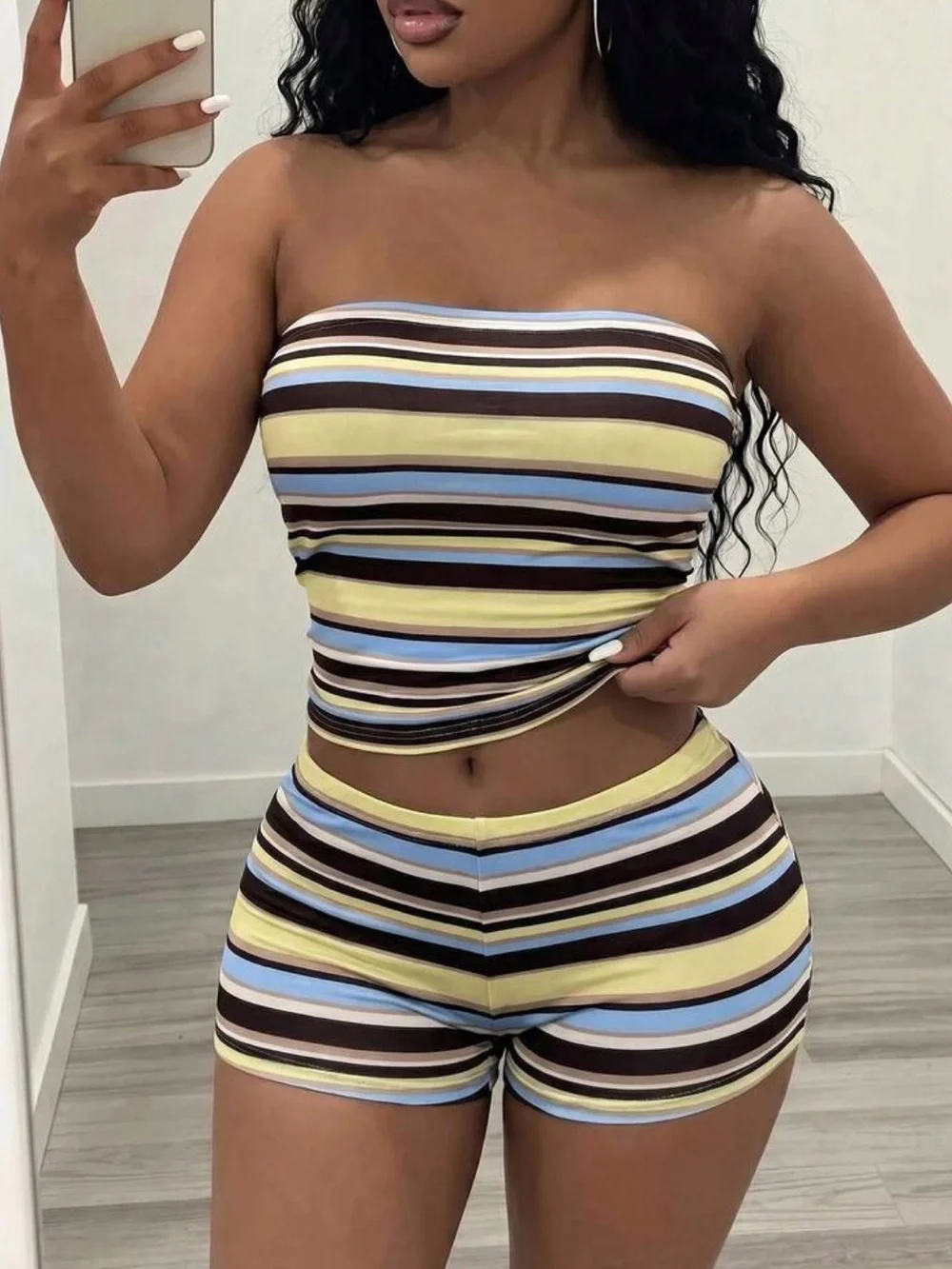 Striped Tube Top & Shorts Set - Yellow Blue Brown